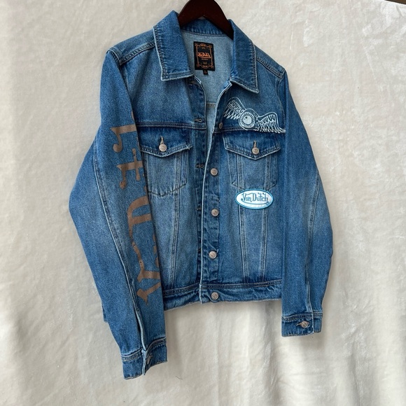 NEW Size Large Von Dutch Womens Cotton Denim Logo Patch Y2K Trucker Jacket - Picture 3 of 10